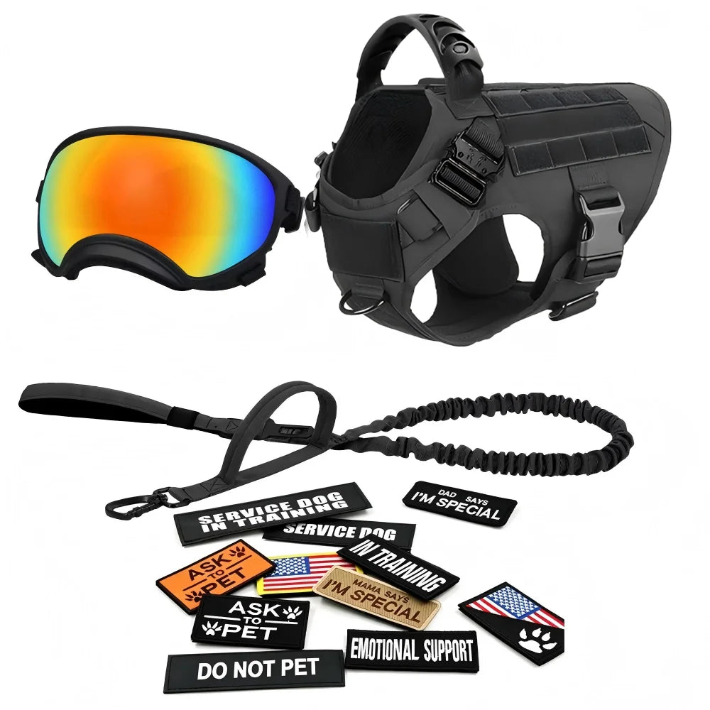 Tactical Dog Harness With Leash 12pcs Patches and Sunglasses For Medium Large Dogs Adjustable Vest For Outdoor Walking Training