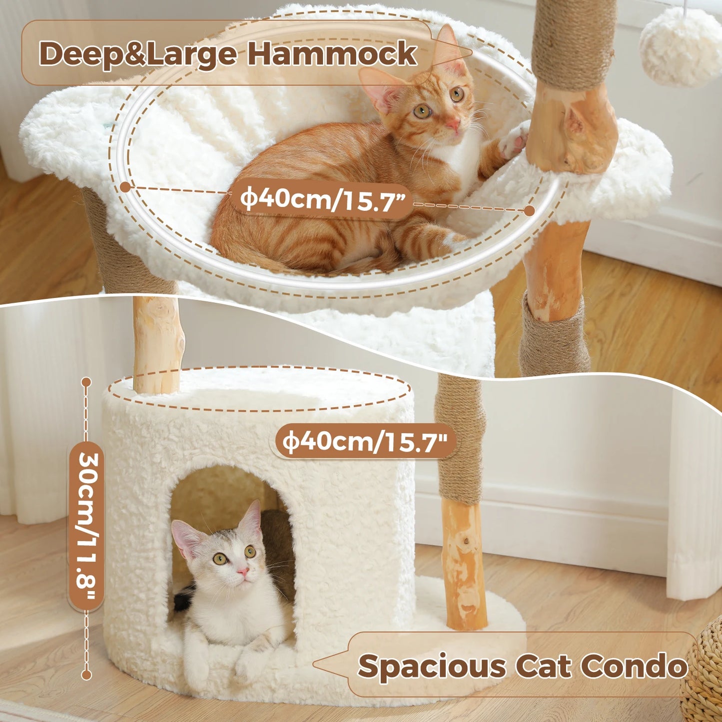 Modern Cat Tree with Large Wicker Basket Natural Solid Wood Scratching Posts Spacious Condo Hammock Luxury Cat Tower for Indoor Cat Toys