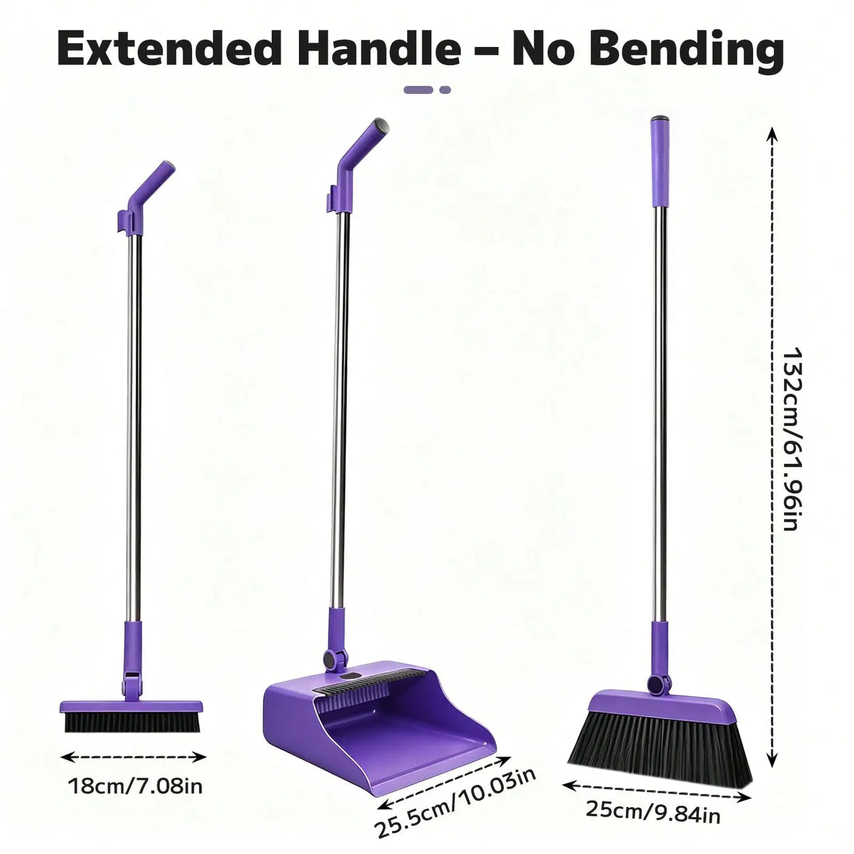 1set White 3-In-1 Broom And Foldable Dustpan Set With Built-In Comb Teeth, Adjustable Long Handle Upright Sweeping Tool For Pet Hair And Floor Cleaning