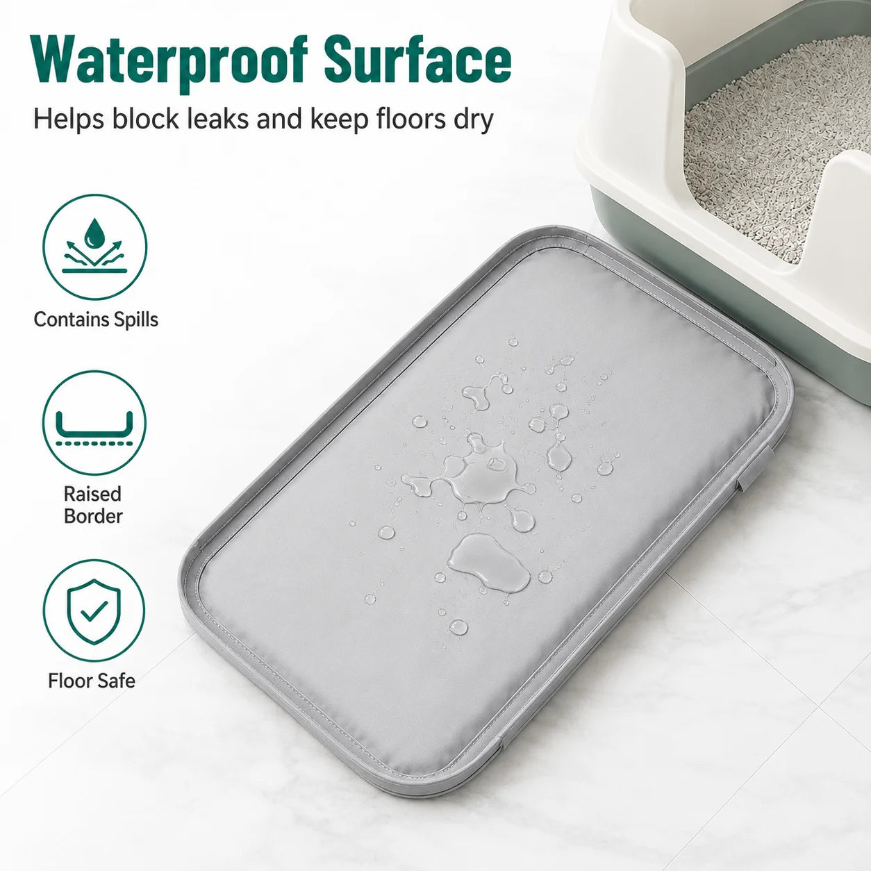 Cumrige 2 Pack Grey Thick Fabric Cat Litter Box Mat Raised Edge Leak‑Proof Urine Resistant Washable Reusable Anti‑Spill Floor Pad Accessory for Automatic Self‑Cleaning Cat Toilet