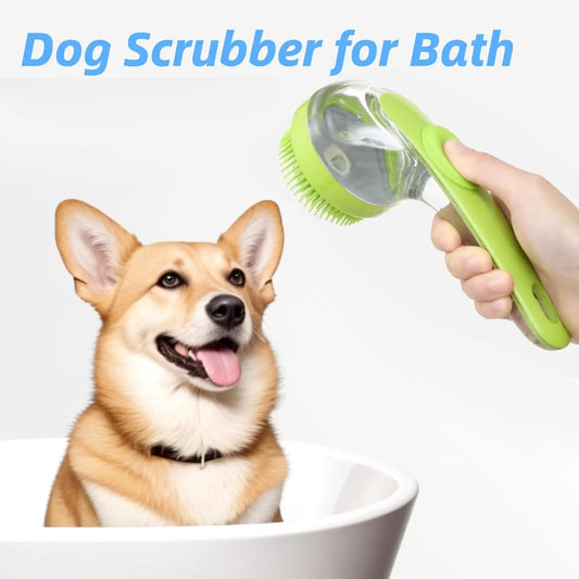 Pet Bath Brush with Shampoo Dispenser Silicone Massage Grooming Tool Long Handle for Cats Dogs Wet/Dry