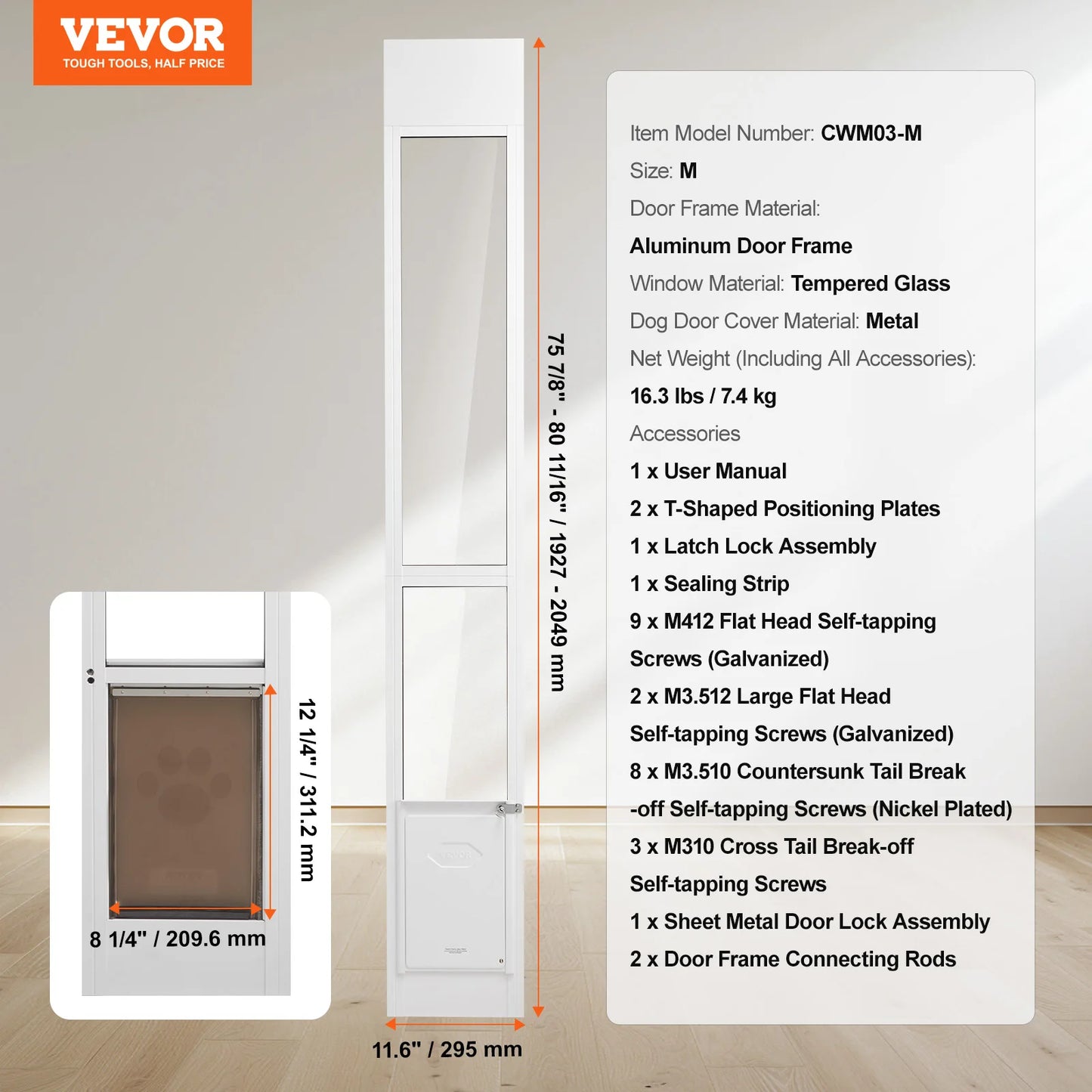 SucceBuy Dog Door Sliding Glass Door Adjustable Height Doggy Door Sliding Doors Aluminum Frame Tempered Glass Pet Door