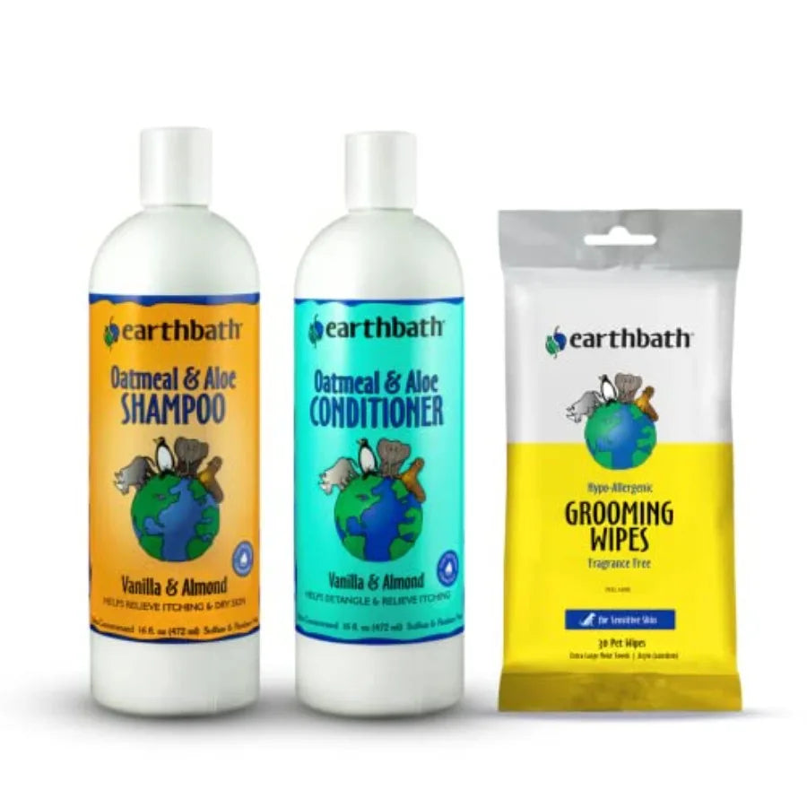 Oatmeal Aloe Dog Shampoo and Conditioner Set with Hypo-Allergenic Grooming Wipes - Fragrance-Free