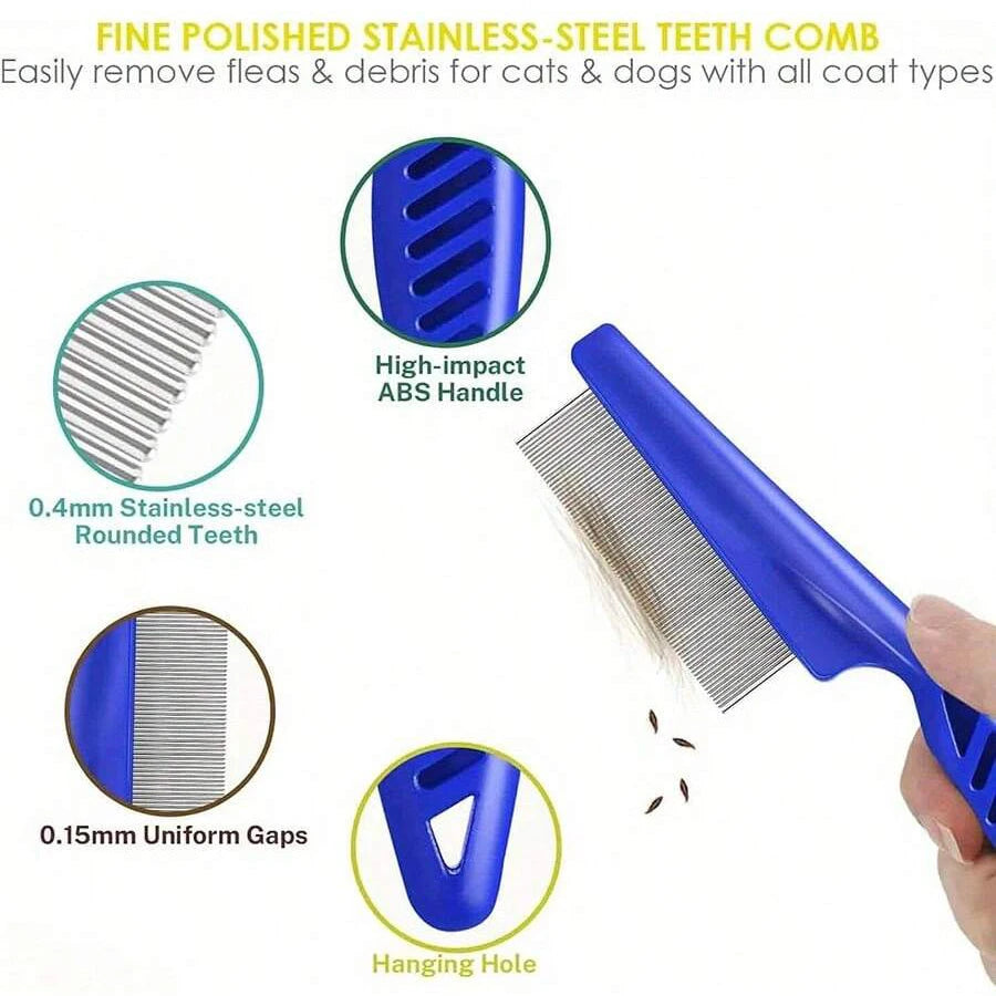 4 Pack Flea Lice Comb, Stainless Steel Dog Cat Grooming Combs with Rounded Teeth, Double Sided