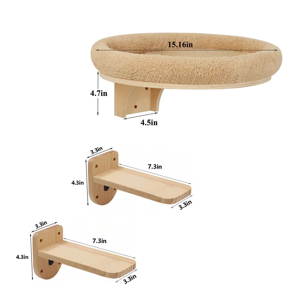 Cat Wall Mounted Solid Wooden Furniture Climbing Ladder and Cat Hammock with Scratching Post for Activity Indoor Cats