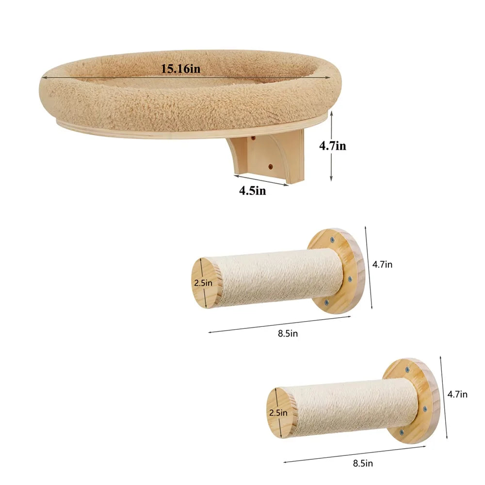 Cat Wall Mounted Solid Wooden Furniture Climbing Ladder and Cat Hammock with Scratching Post for Activity Indoor Cats