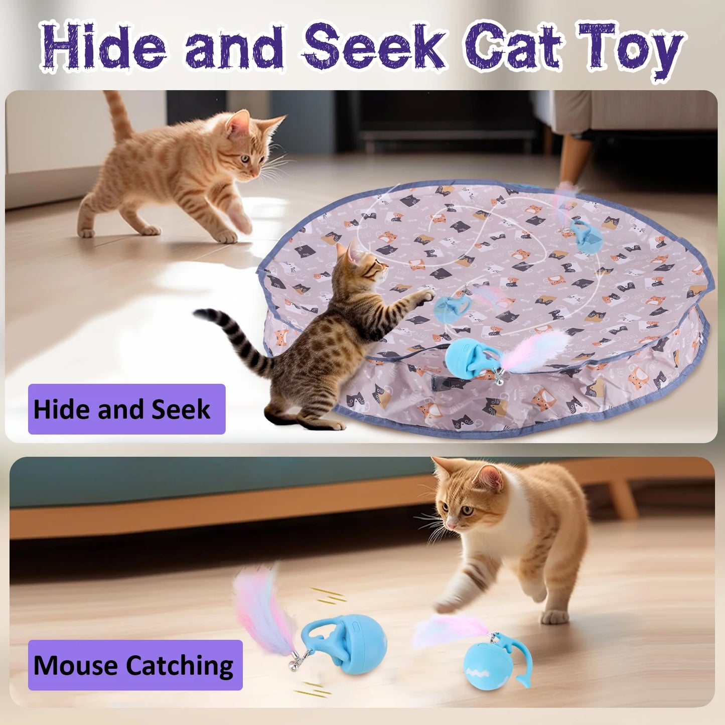 Interactive Cat Toy Ball Fast Rolling in Pouch Motion Activate Chirping Cat Toy Reusable for Pet Hide and Seek Game Accessories