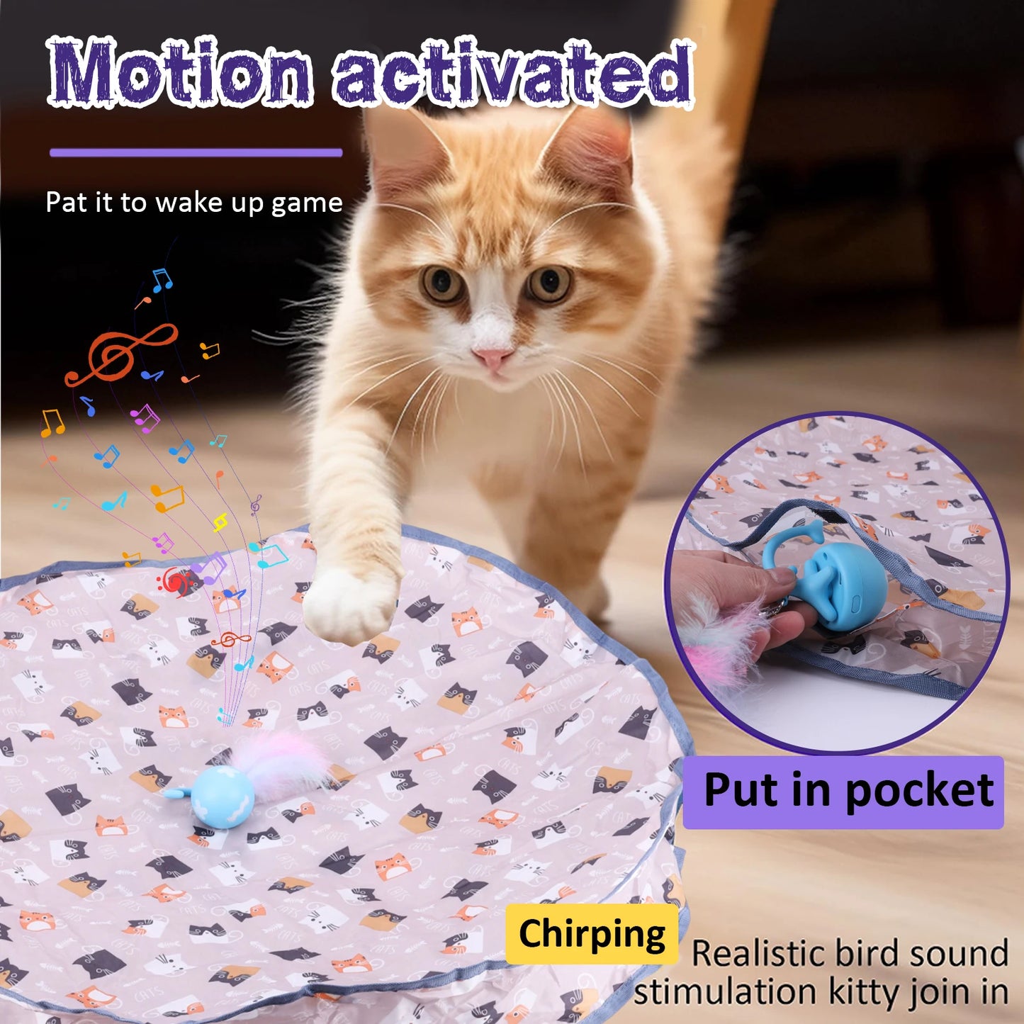 Interactive Cat Toy Ball Fast Rolling in Pouch Motion Activate Chirping Cat Toy Reusable for Pet Hide and Seek Game Accessories