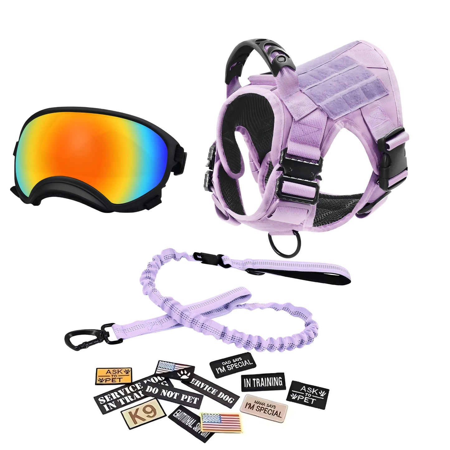 Tactical Dog Harness With Leash 12pcs Patches and Sunglasses For Medium Large Dogs Adjustable Vest  For Outdoor Walking Training