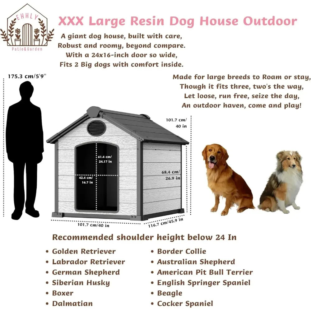 46" Large Dog House Outdoor Weatherproof, 3XL Big Dog House for 2 Large Dogs Outside, Insulated Igloo Pet House with Elevated Floor