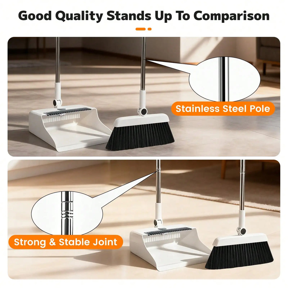 1set White 3-In-1 Broom And Foldable Dustpan Set With Built-In Comb Teeth, Adjustable Long Handle Upright Sweeping Tool For Pet Hair And Floor Cleaning