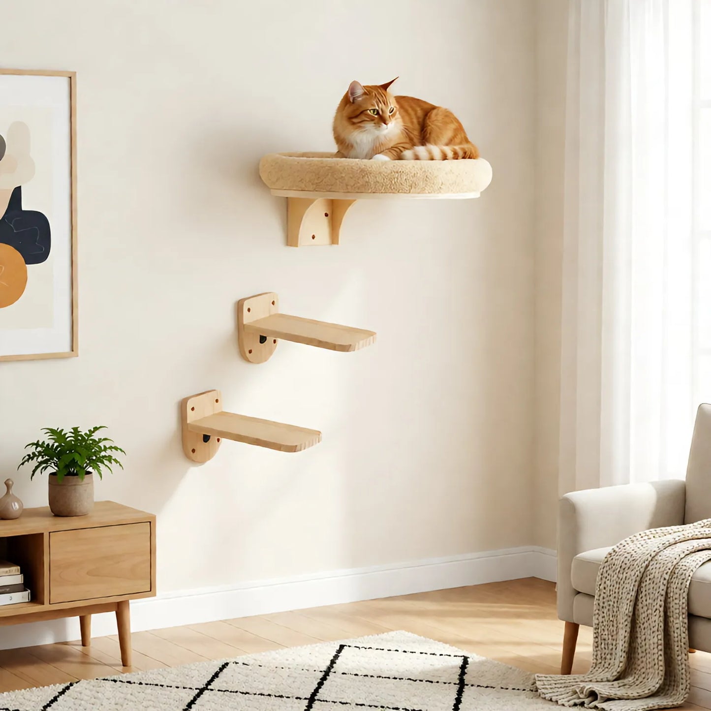 Cat Wall Mounted Solid Wooden Furniture Climbing Ladder and Cat Hammock with Scratching Post for Activity Indoor Cats
