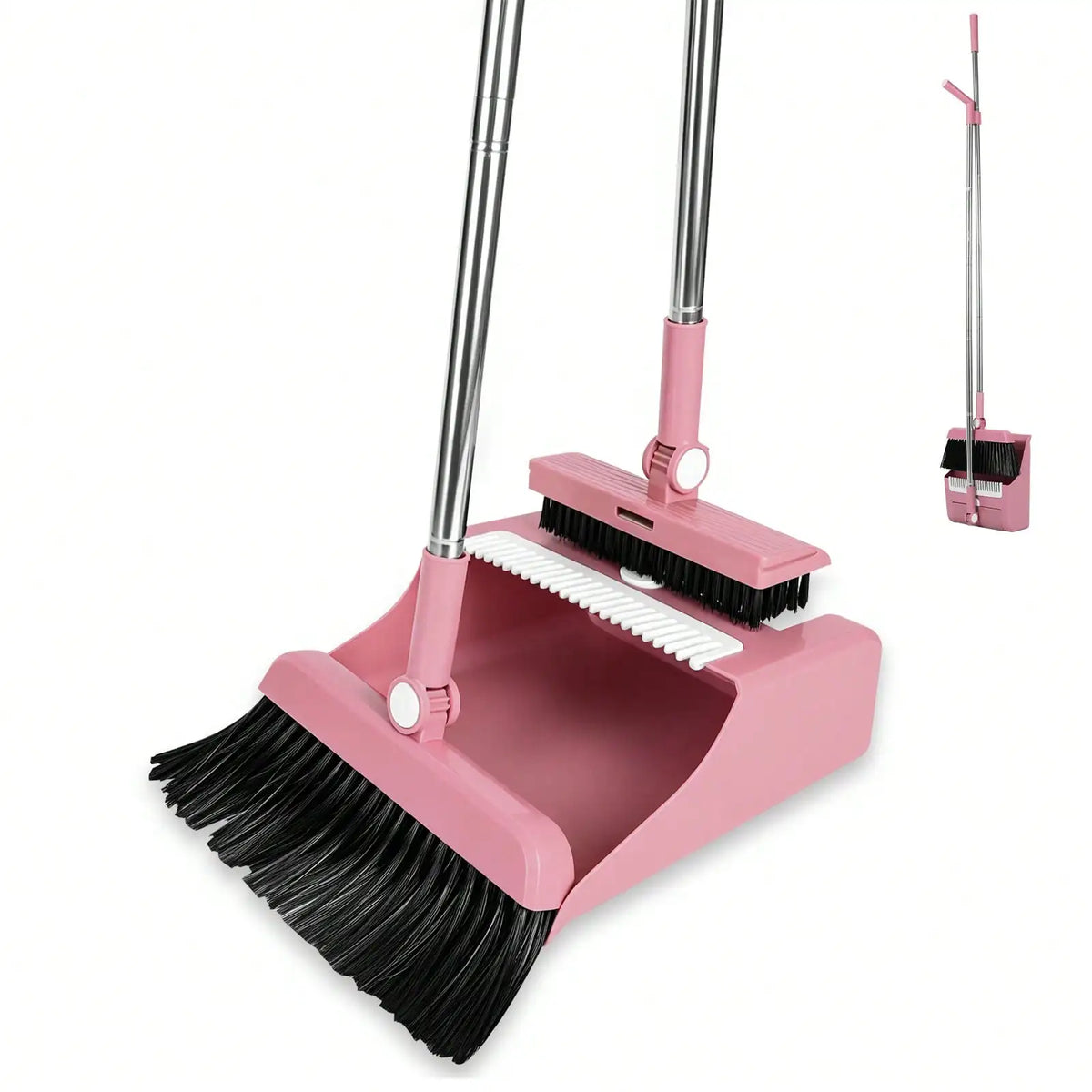 1set White 3-In-1 Broom And Foldable Dustpan Set With Built-In Comb Teeth, Adjustable Long Handle Upright Sweeping Tool For Pet Hair And Floor Cleaning