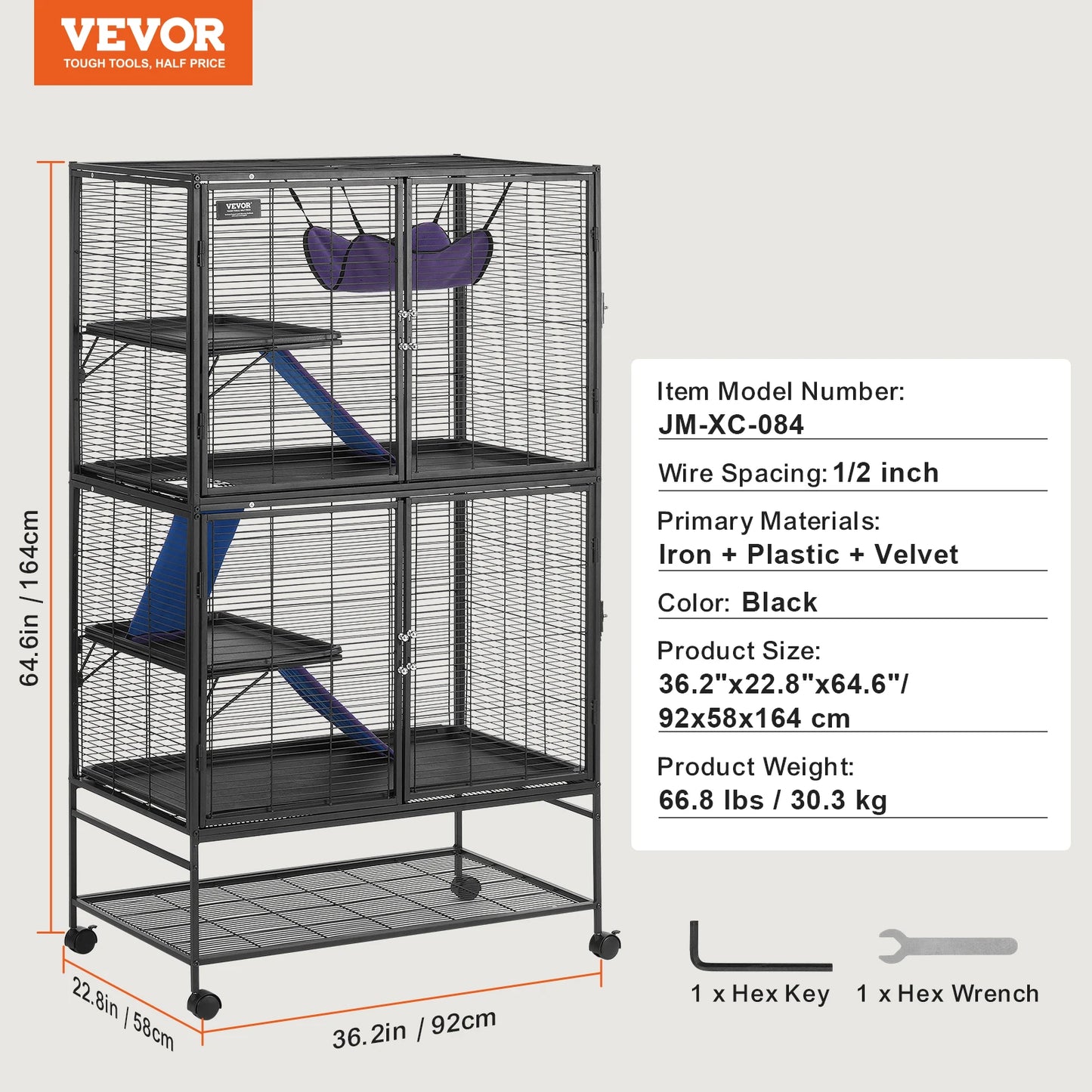 64.6" Rolling Metal Ferret Cage Large 4-Tier Critter Nation Cage Small Animal Cage for Rats Hamster Guinea Chinchilla