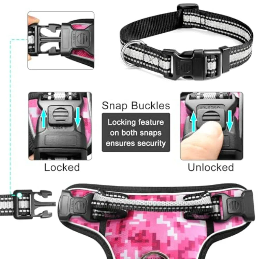Dog Harness No Pull, Pet Harnesses with Dog Collar, Adjustable Reflective Oxford Outdoor Vest, Front/Back Leash Clips