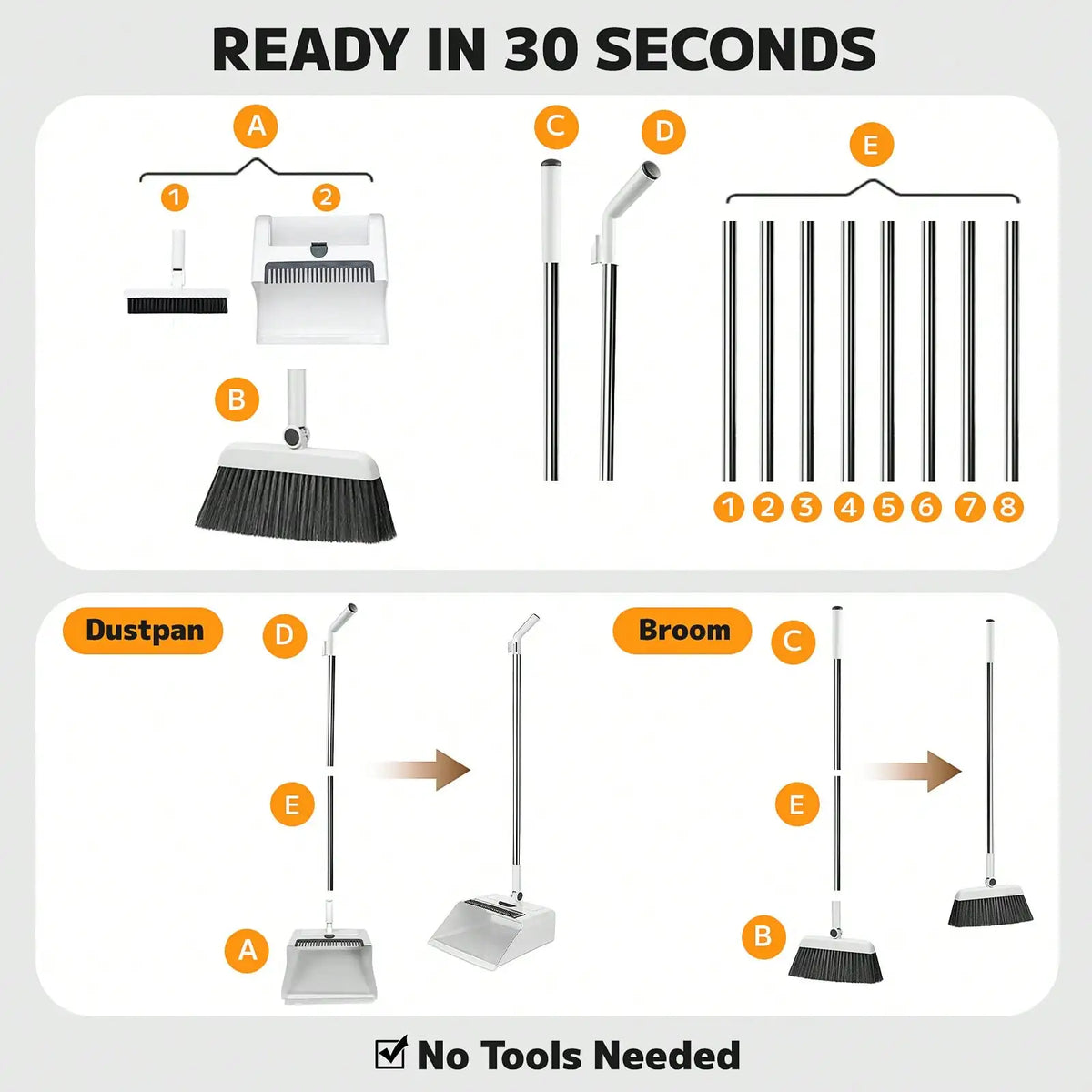 1set White 3-In-1 Broom And Foldable Dustpan Set With Built-In Comb Teeth, Adjustable Long Handle Upright Sweeping Tool For Pet Hair And Floor Cleaning