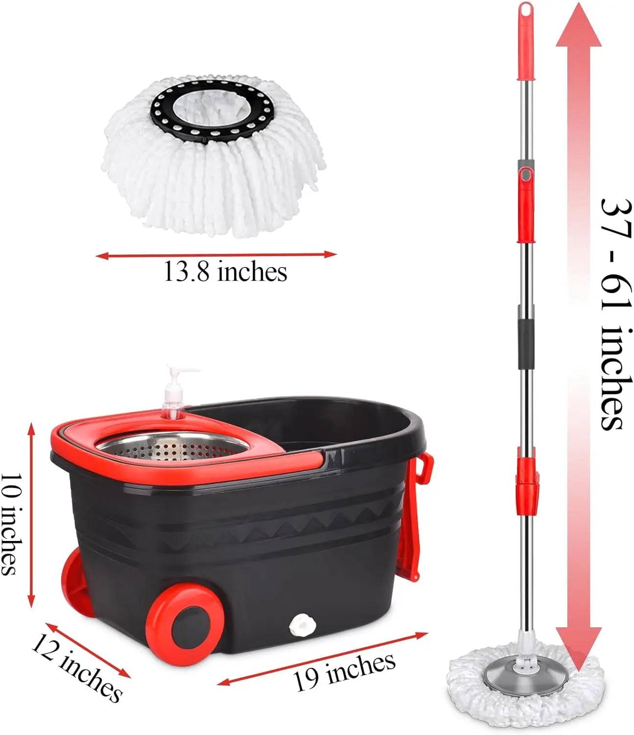 Black Spin Mop Bucket Sets Wrings System, Bucket with Wheels Extendable and Adjustable Handle, 3 Replacement Mop Refills