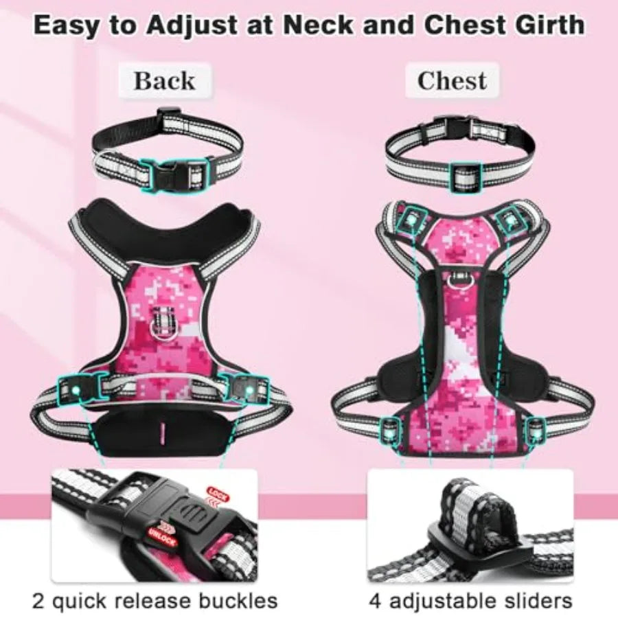 Dog Harness No Pull, Pet Harnesses with Dog Collar, Adjustable Reflective Oxford Outdoor Vest, Front/Back Leash Clips