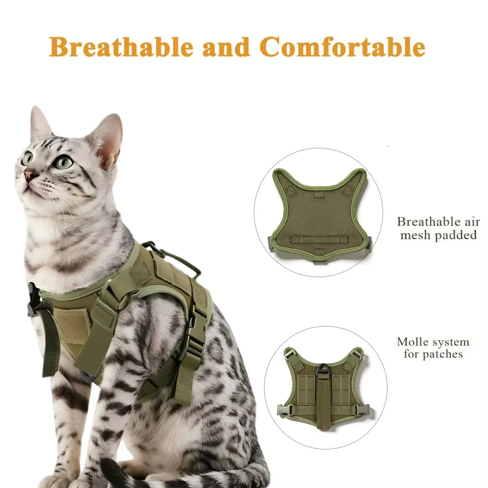 Tactical Cat Harness Vest and Leash Set Adjustable Escape Proof Soft Mesh with Handle Outdoor Walking Pet Training Supplies