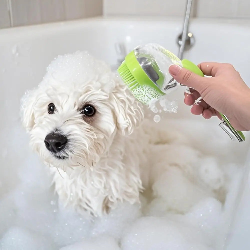 Pet Bath Brush with Shampoo Dispenser Silicone Massage Grooming Tool Long Handle for Cats Dogs Wet/Dry