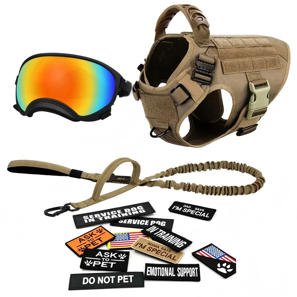 Tactical Dog Harness With Leash 12pcs Patches and Sunglasses For Medium Large Dogs Adjustable Vest  For Outdoor Walking Training