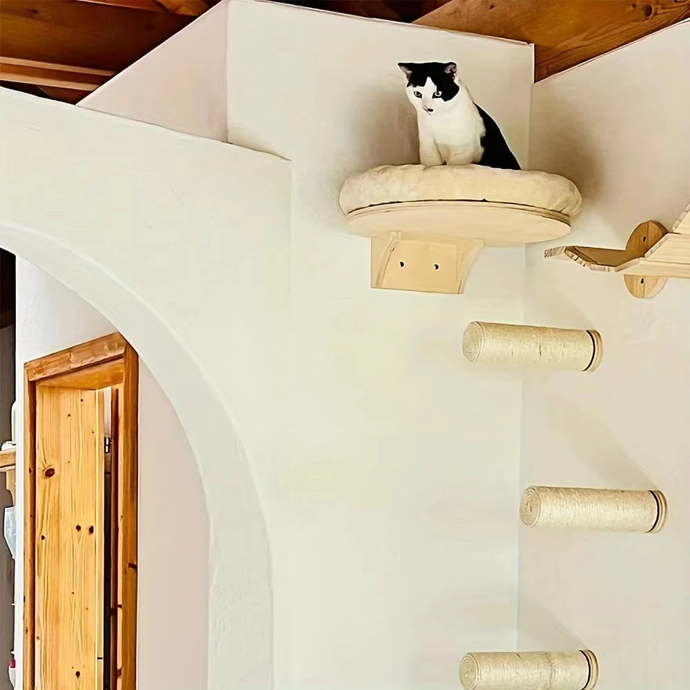 Cat Wall Mounted Solid Wooden Furniture Climbing Ladder and Cat Hammock with Scratching Post for Activity Indoor Cats
