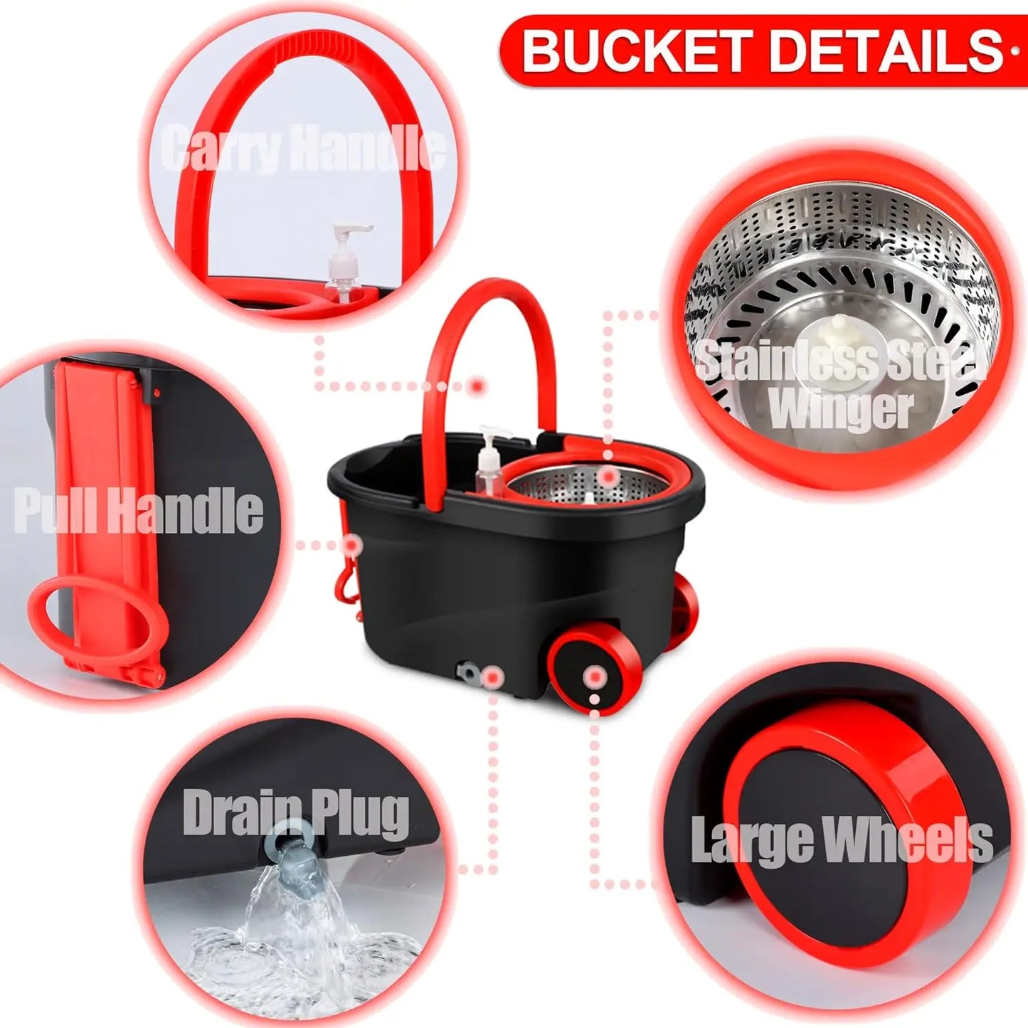 Black Spin Mop Bucket Sets Wrings System, Bucket with Wheels Extendable and Adjustable Handle, 3 Replacement Mop Refills