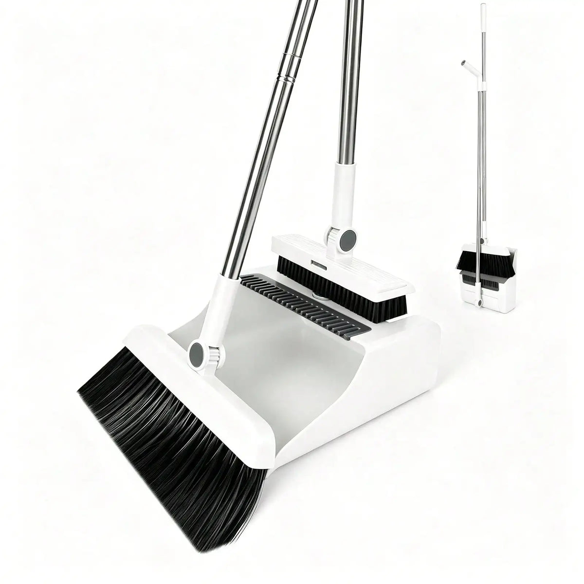 1set White 3-In-1 Broom And Foldable Dustpan Set With Built-In Comb Teeth, Adjustable Long Handle Upright Sweeping Tool For Pet Hair And Floor Cleaning