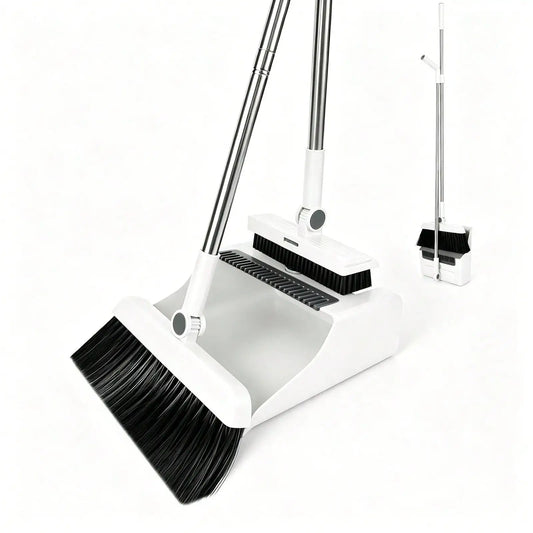1set White 3-In-1 Broom And Foldable Dustpan Set With Built-In Comb Teeth, Adjustable Long Handle Upright Sweeping Tool For Pet Hair And Floor Cleaning