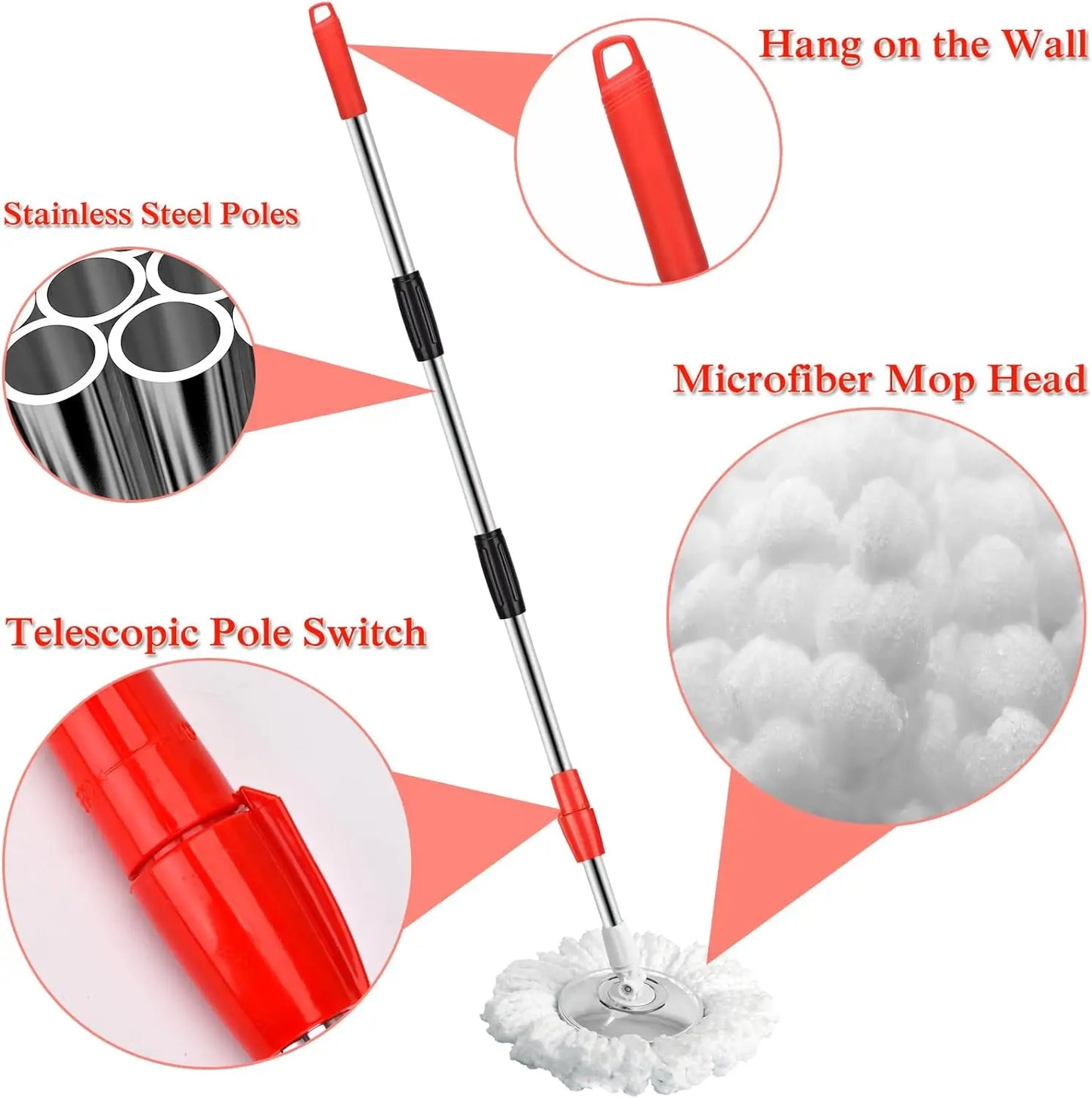 Black Spin Mop Bucket Sets Wrings System, Bucket with Wheels Extendable and Adjustable Handle, 3 Replacement Mop Refills