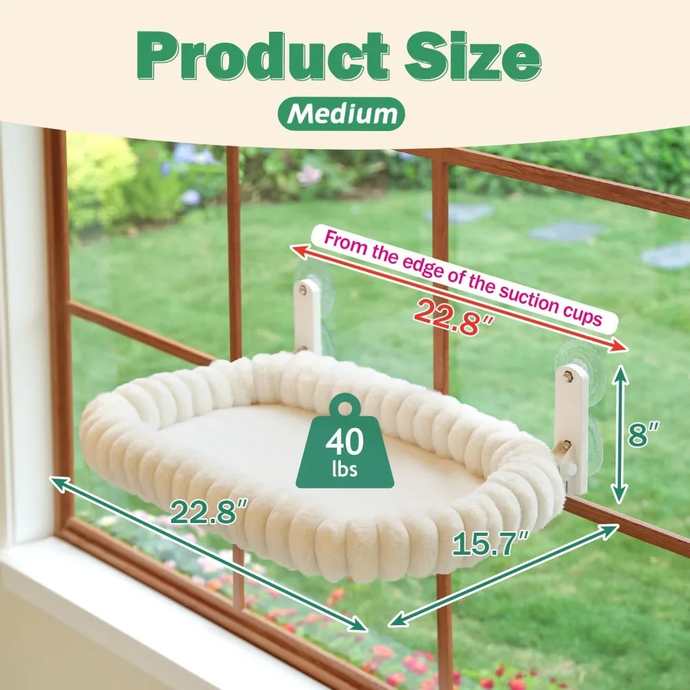Foldable Cat Window Perch - Cordless, Ultra Soft Machine Washable Bed with 4-Sided Bolster, Metal Frame - Window Hammock for Large Cats and Kittens, Cream White, Medium