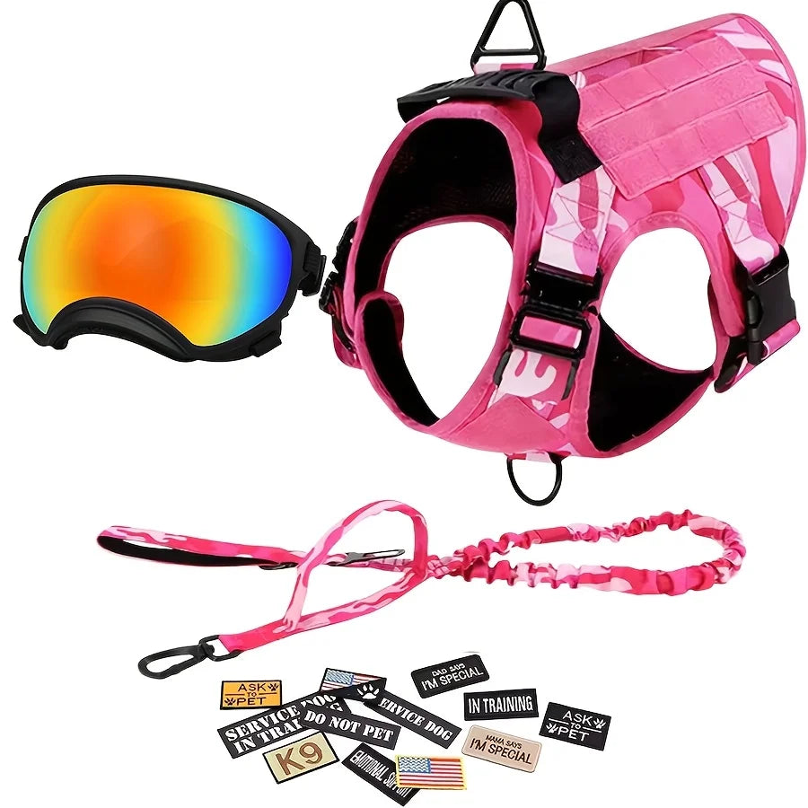 Tactical Dog Harness With Leash 12pcs Patches and Sunglasses For Medium Large Dogs Adjustable Vest  For Outdoor Walking Training