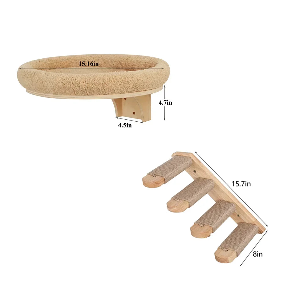 Cat Wall Mounted Solid Wooden Furniture Climbing Ladder and Cat Hammock with Scratching Post for Activity Indoor Cats