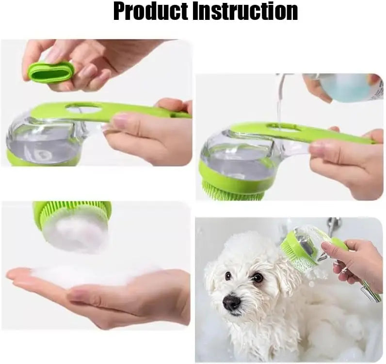 Pet Bath Brush with Shampoo Dispenser Silicone Massage Grooming Tool Long Handle for Cats Dogs Wet/Dry