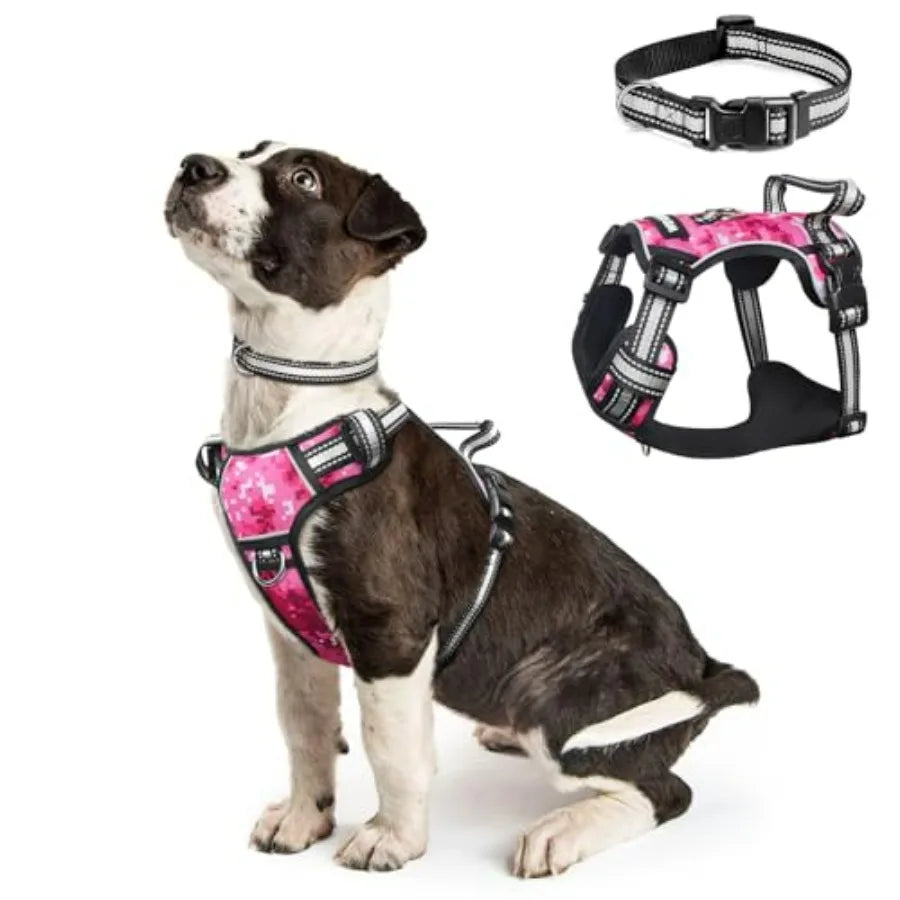 Dog Harness No Pull, Pet Harnesses with Dog Collar, Adjustable Reflective Oxford Outdoor Vest, Front/Back Leash Clips