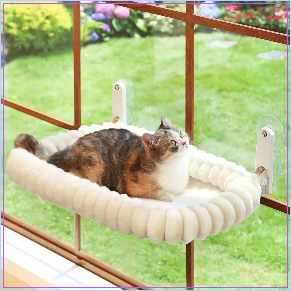 Foldable Cat Window Perch - Cordless, Ultra Soft Machine Washable Bed with 4-Sided Bolster, Metal Frame - Window Hammock for Large Cats and Kittens, Cream White, Medium