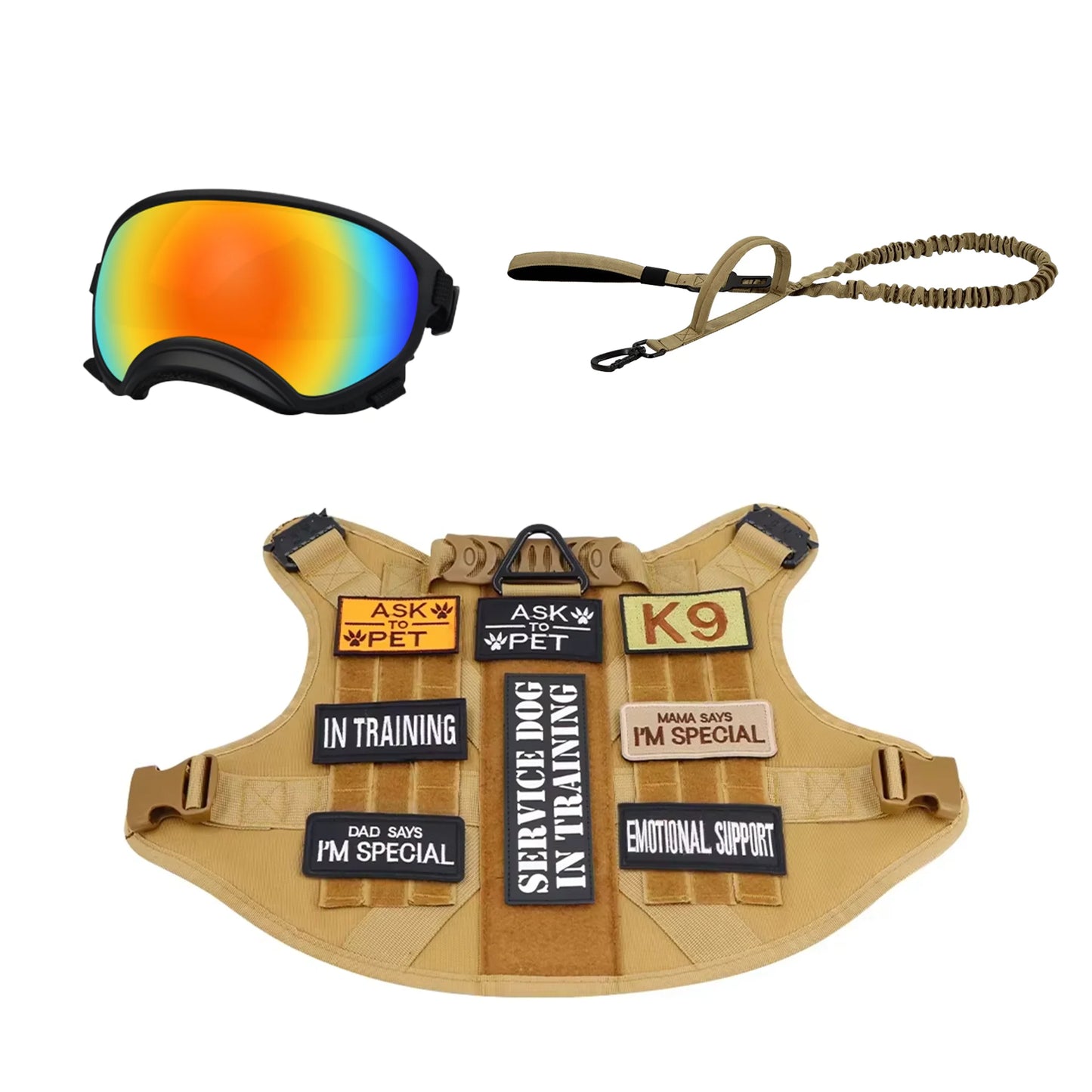 Tactical Dog Harness With Leash 12pcs Patches and Sunglasses For Medium Large Dogs Adjustable Vest  For Outdoor Walking Training