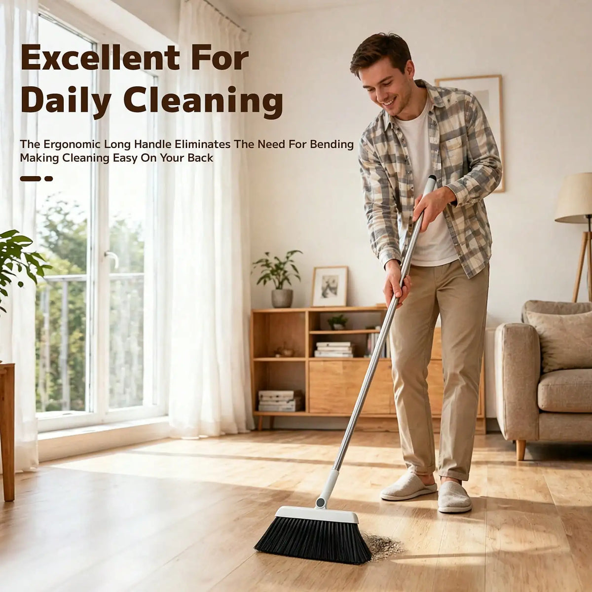 1set White 3-In-1 Broom And Foldable Dustpan Set With Built-In Comb Teeth, Adjustable Long Handle Upright Sweeping Tool For Pet Hair And Floor Cleaning