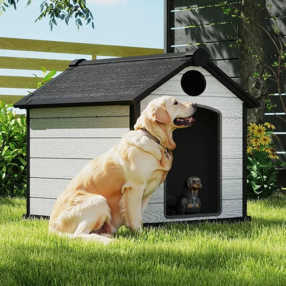 46" Large Dog House Outdoor Weatherproof, 3XL Big Dog House for 2 Large Dogs Outside, Insulated Igloo Pet House with Elevated Floor