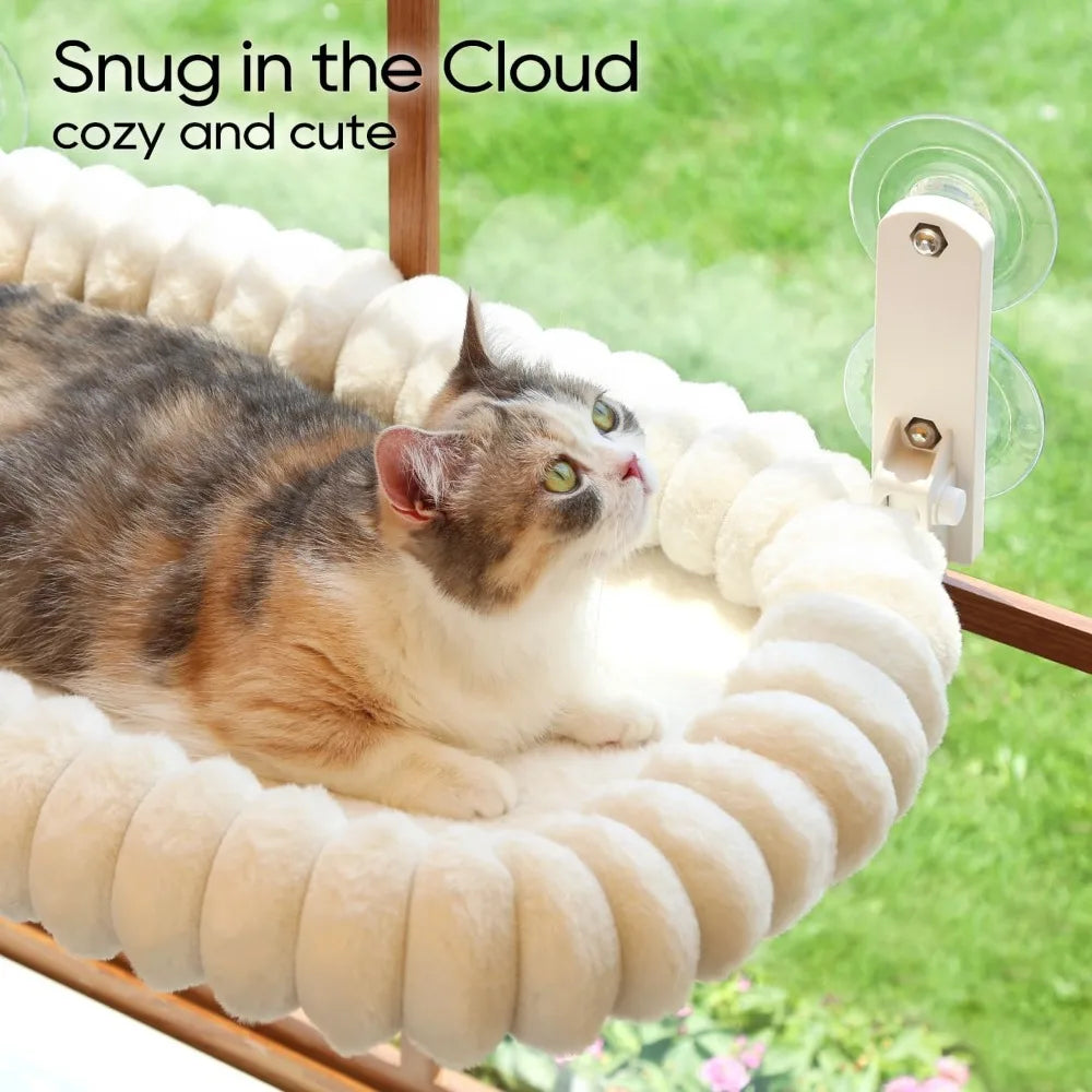 Foldable Cat Window Perch - Cordless, Ultra Soft Machine Washable Bed with 4-Sided Bolster, Metal Frame - Window Hammock for Large Cats and Kittens, Cream White, Medium