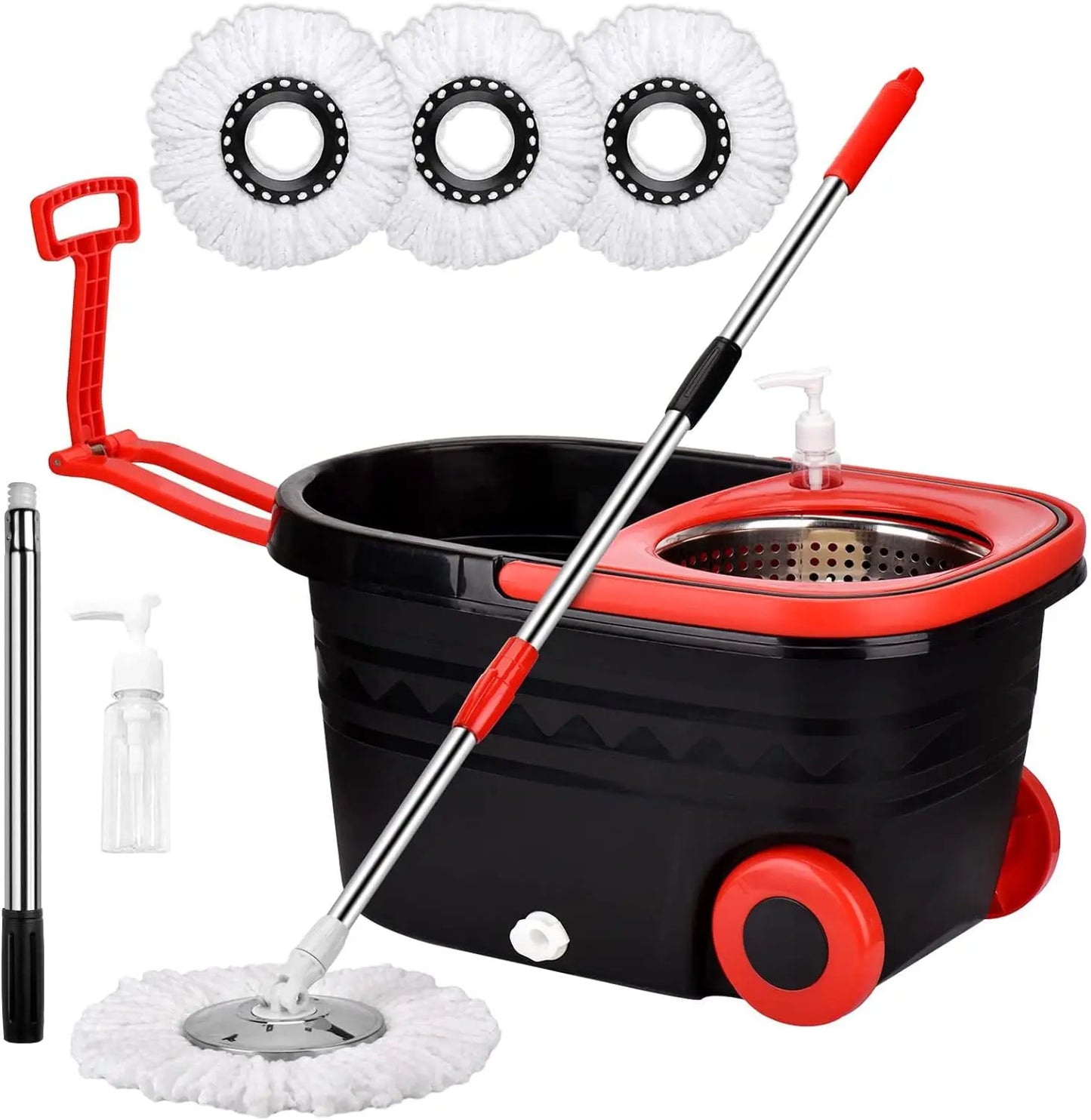 Black Spin Mop Bucket Sets Wrings System, Bucket with Wheels Extendable and Adjustable Handle, 3 Replacement Mop Refills