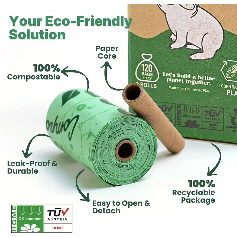 100% Biodegradable Dog Waste Bags, 120 Count (8 Rolls), 9x13 Inches, Seedling & Compost Friendly, Thick & Leakproof, Plant-Based