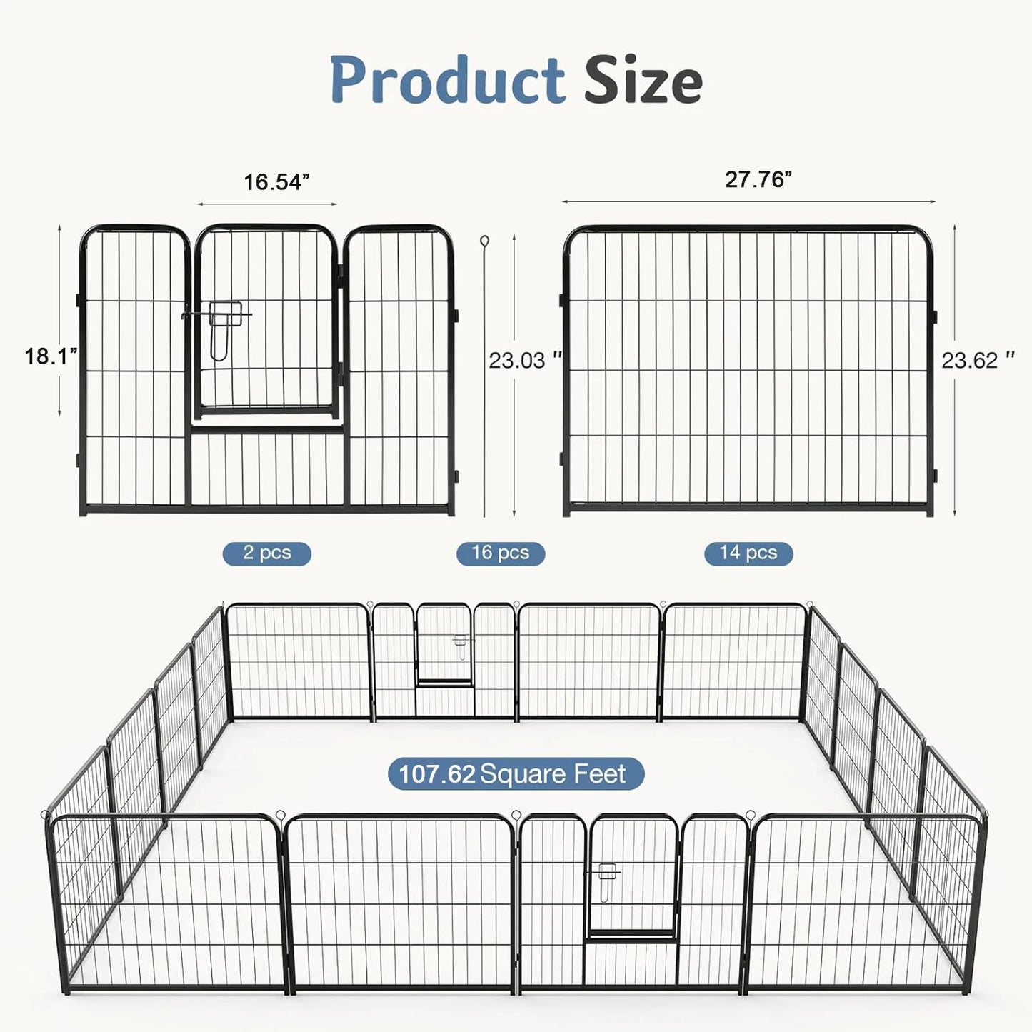 JHK 16 Panels Dog Playpen Pet Fence Metal 24 Inch to 32 Inch Foldable Large Dog Puppy Exercise for Yard Gate Camping Outdoor