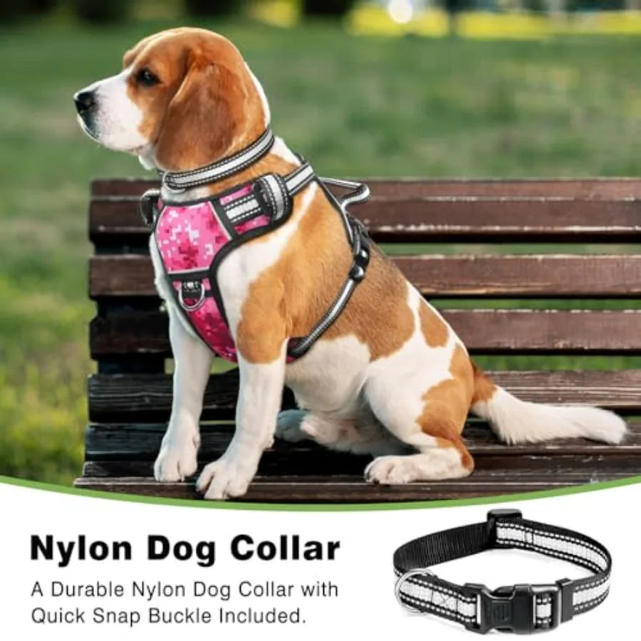Dog Harness No Pull, Pet Harnesses with Dog Collar, Adjustable Reflective Oxford Outdoor Vest, Front/Back Leash Clips