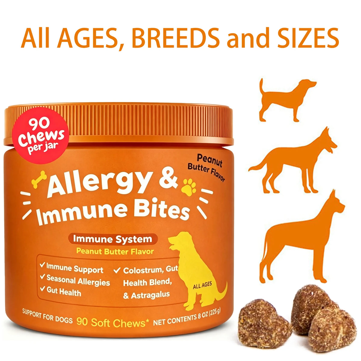 Dog Allergy & Immune Bites for small, Medium Large, Dog Probiotics Chews for Itchy Skin and Ears - Lamb, Peanut Butter, Salmon
