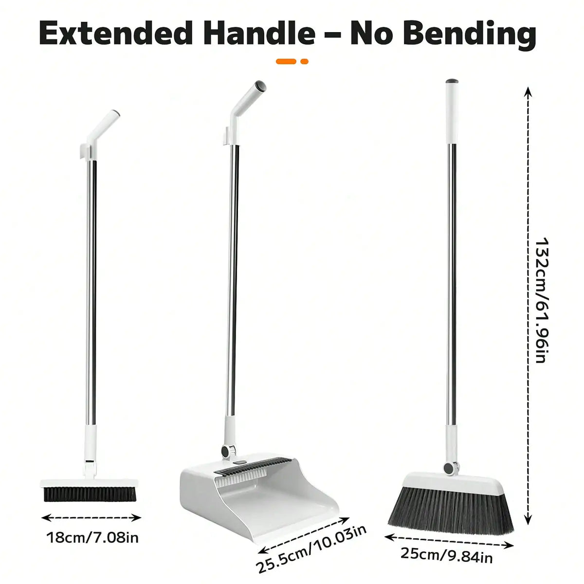 1set White 3-In-1 Broom And Foldable Dustpan Set With Built-In Comb Teeth, Adjustable Long Handle Upright Sweeping Tool For Pet Hair And Floor Cleaning