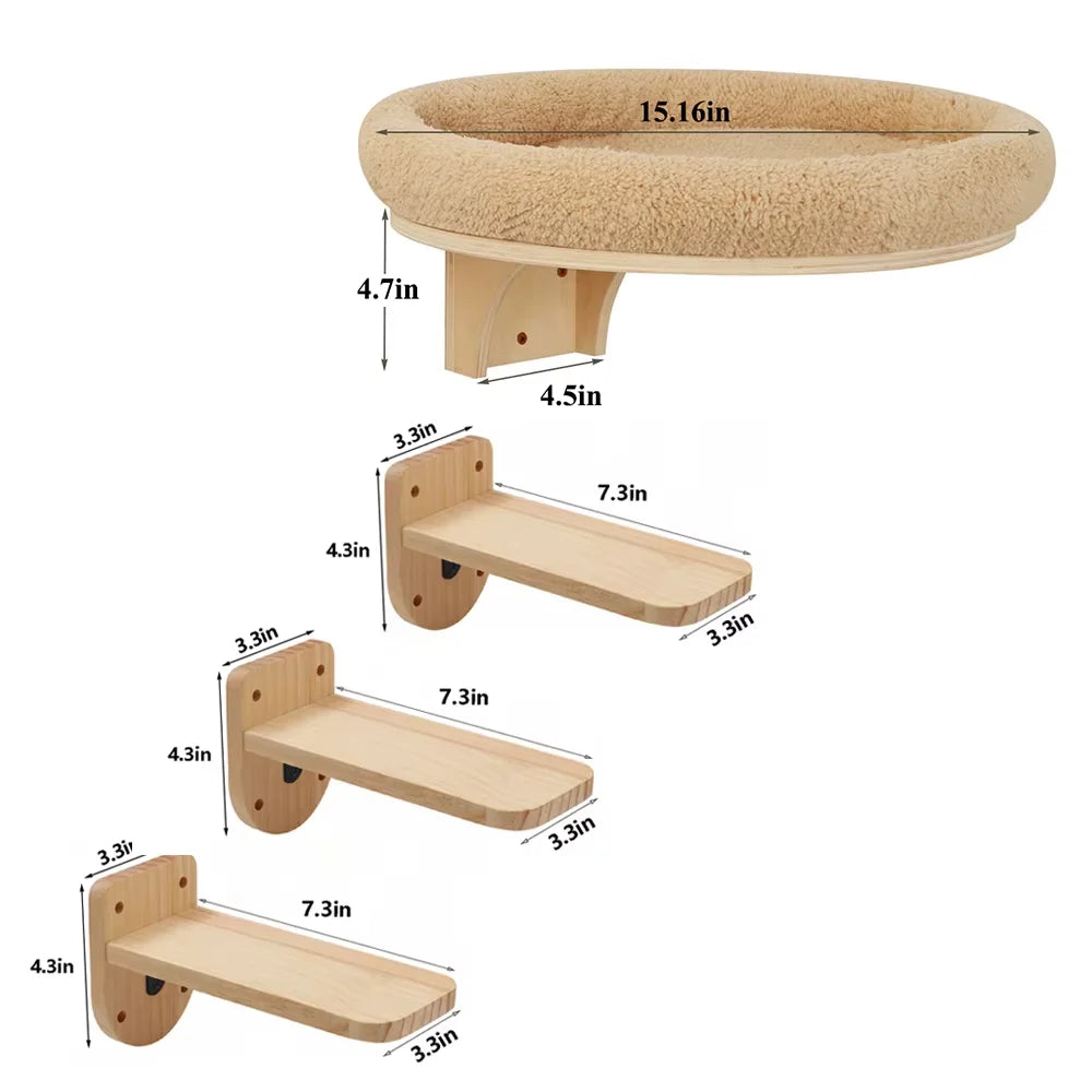 Cat Wall Mounted Solid Wooden Furniture Climbing Ladder and Cat Hammock with Scratching Post for Activity Indoor Cats