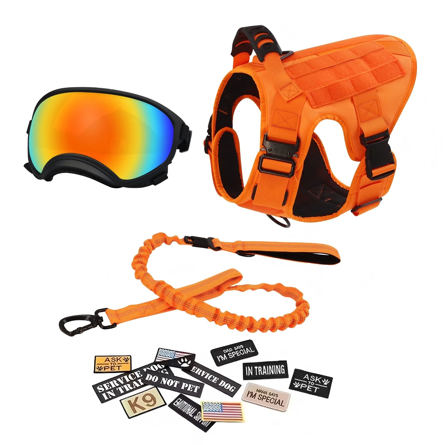 Tactical Dog Harness With Leash 12pcs Patches and Sunglasses For Medium Large Dogs Adjustable Vest  For Outdoor Walking Training