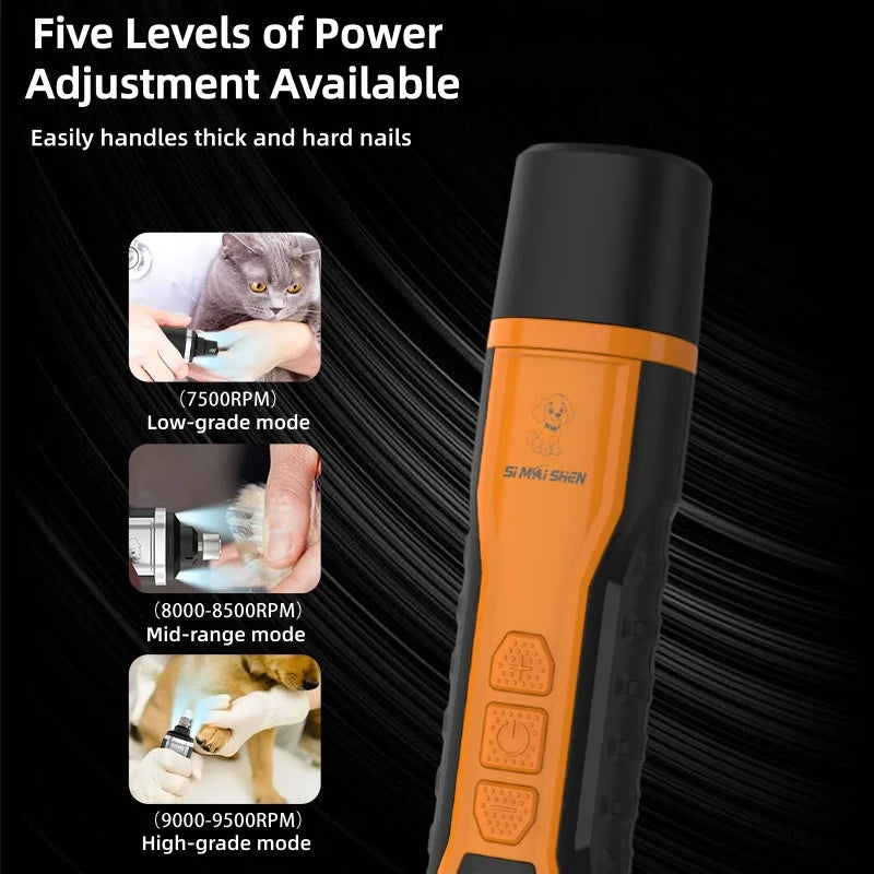 Pet Electric Nail Grinder Rechargeable Dog Paw Grooming Nail Clipper LED Light 5 Speeds Adjustable Cat Claw Nail Grinder