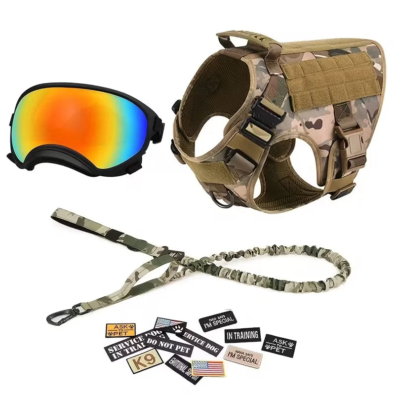 Tactical Dog Harness With Leash 12pcs Patches and Sunglasses For Medium Large Dogs Adjustable Vest  For Outdoor Walking Training